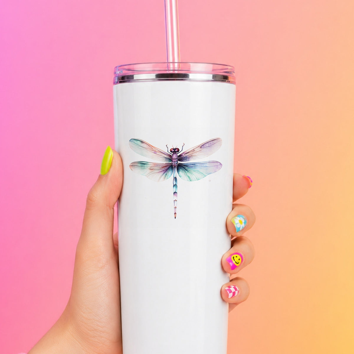 Pastel watercolor dragonfly UV DTF decal applied to a white tumbler