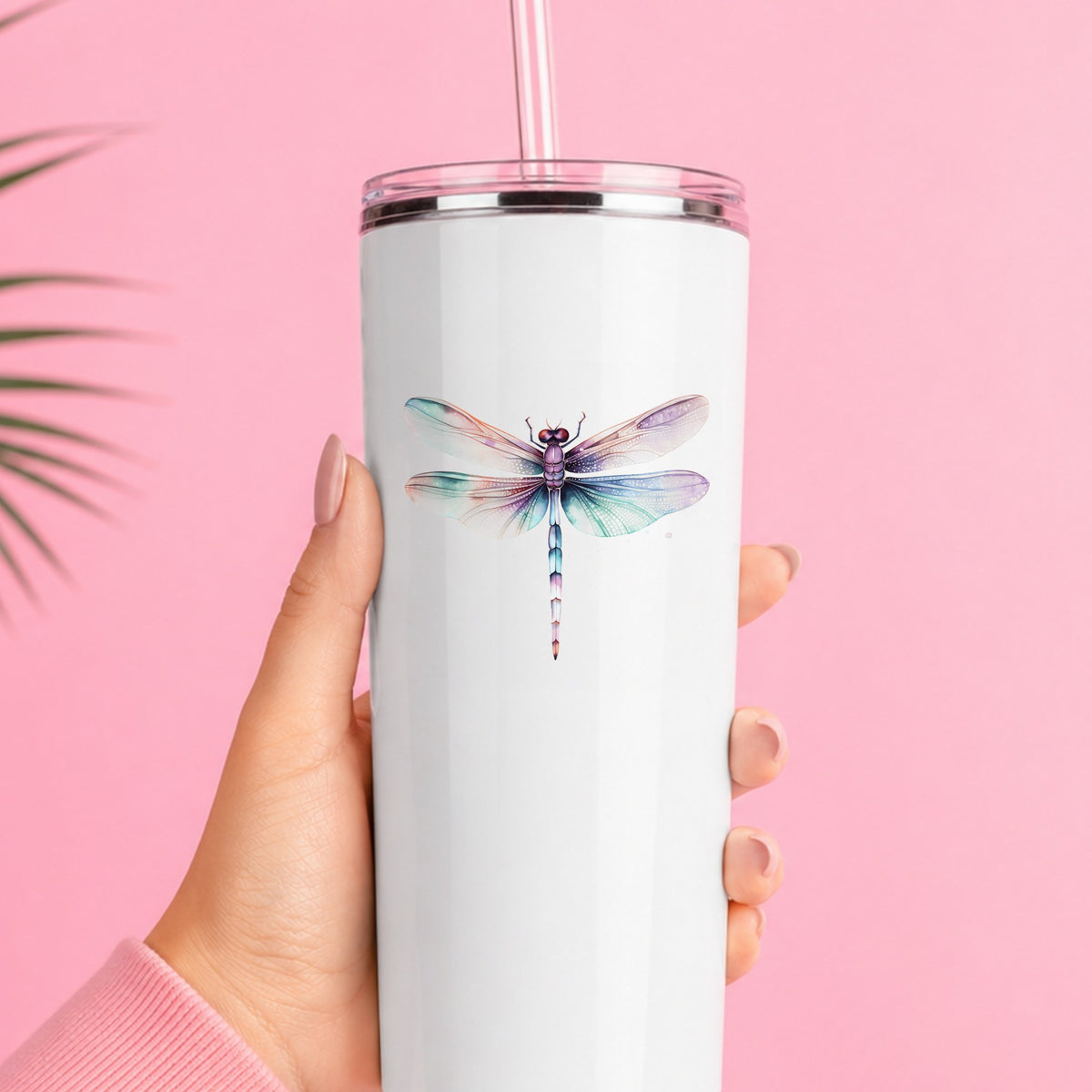 Pastel dragonfly decal on a white travel tumbler