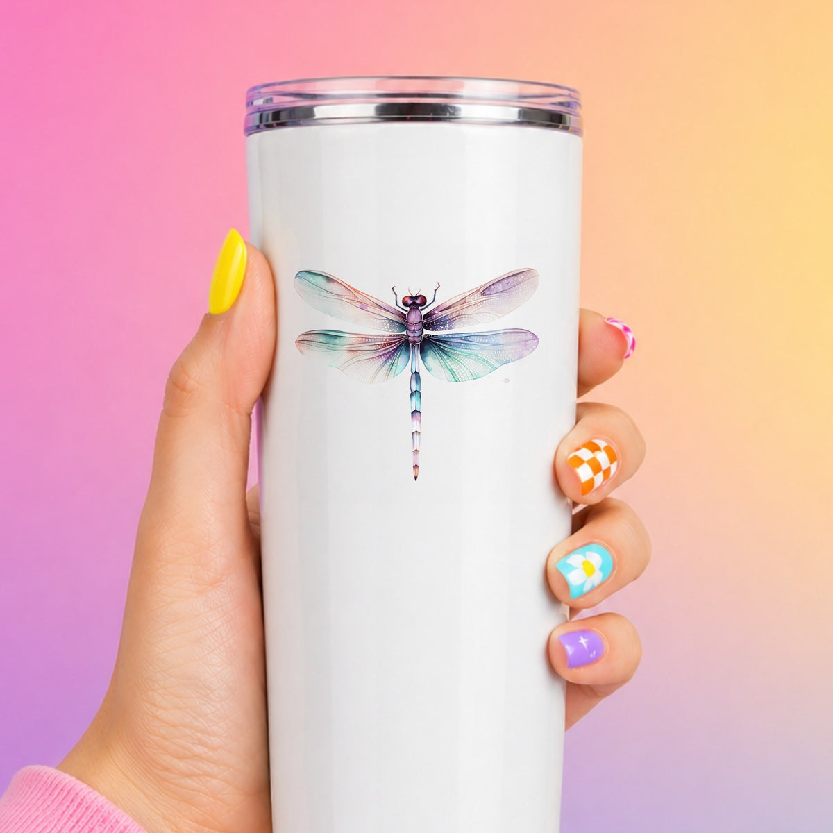 Watercolor dragonfly UV DTF decal shown on a white cup