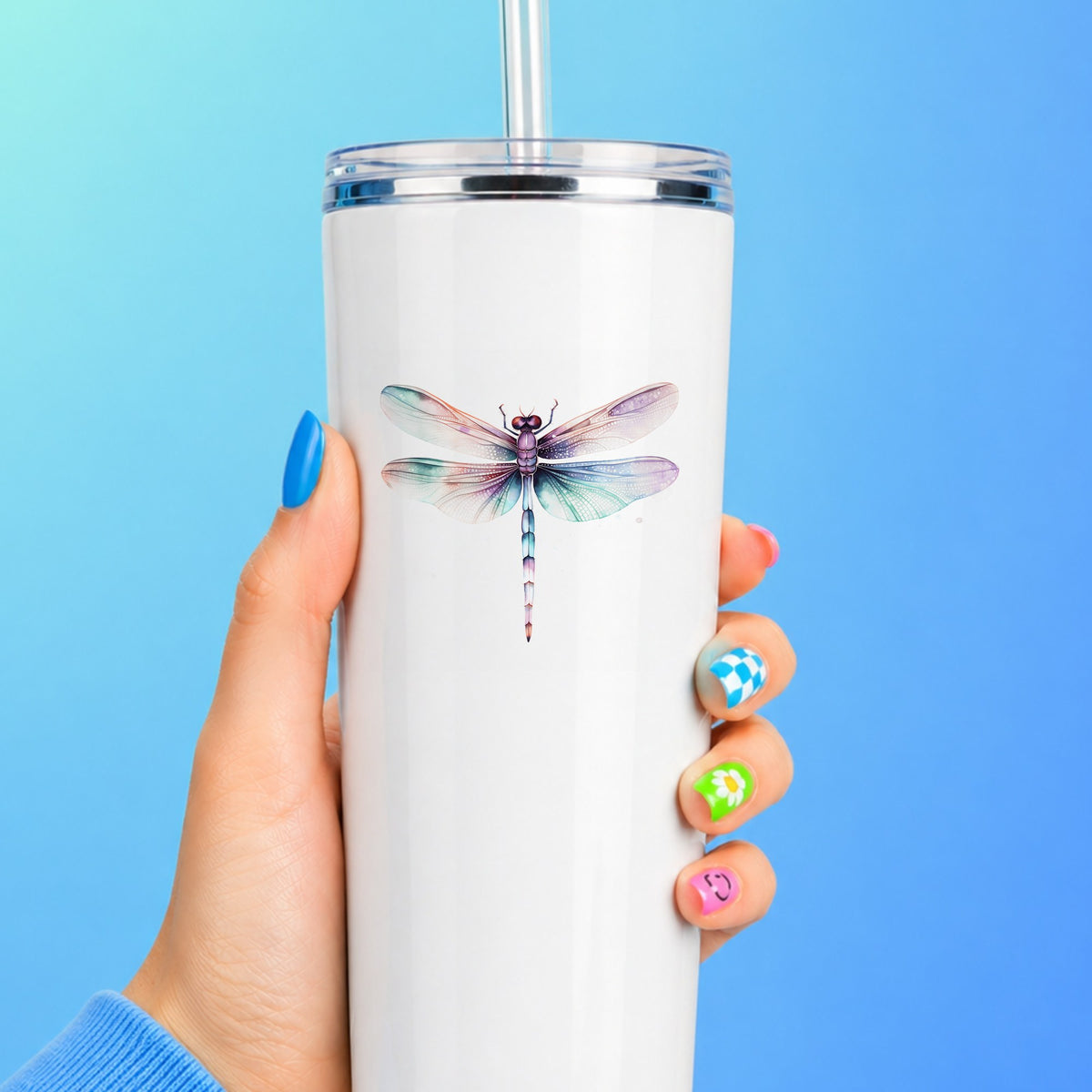 Pastel dragonfly decal on a white stainless tumbler