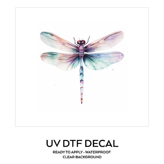 Pastel watercolor dragonfly UV DTF decal on a clear background