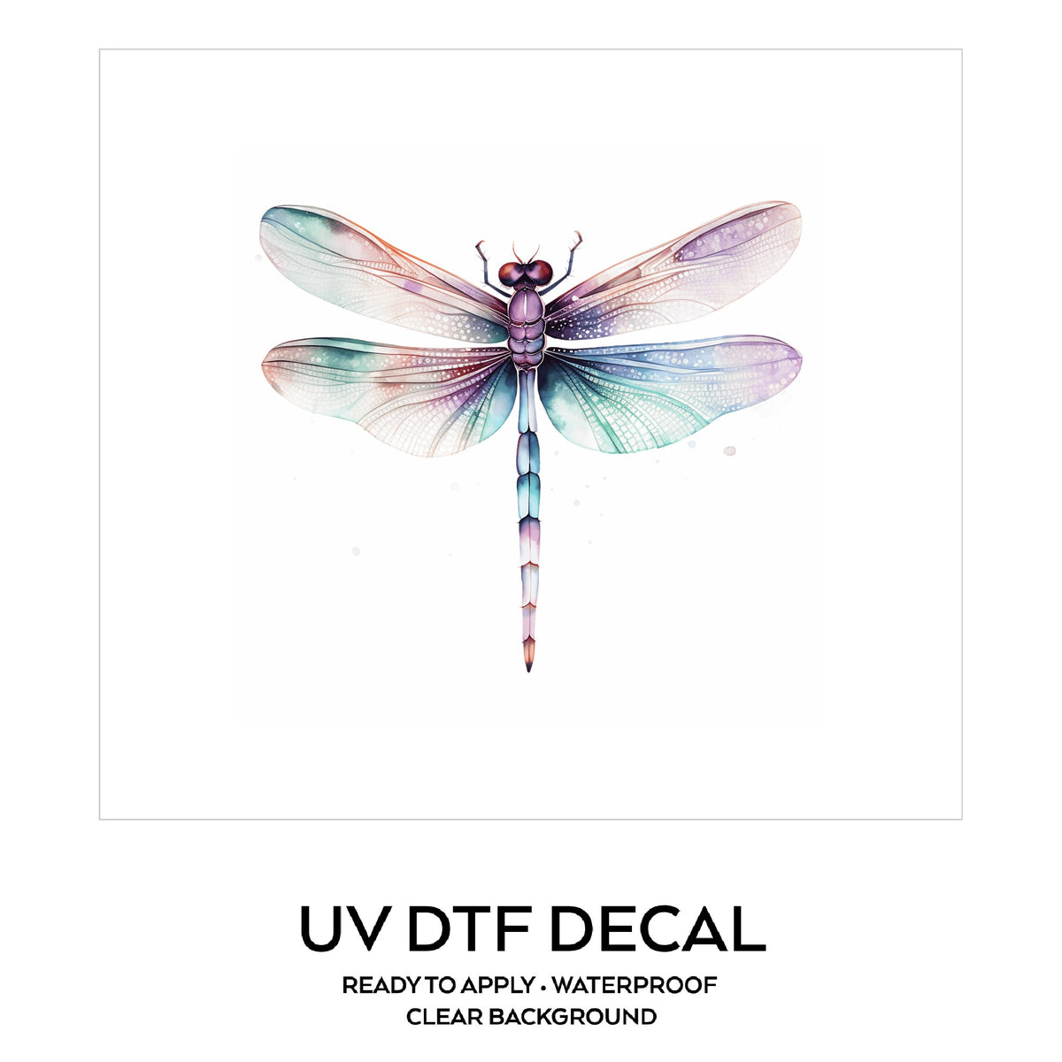 Pastel watercolor dragonfly UV DTF decal on a clear background