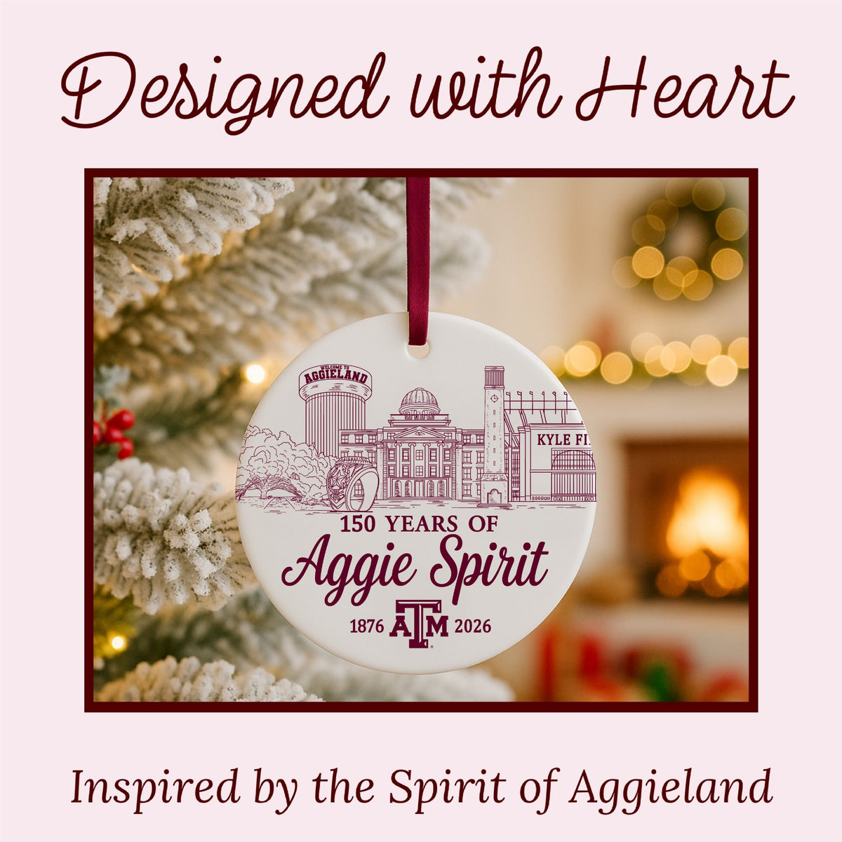 Texas A&M 150 Years of Aggie Spirit ornament presented in gift box with foam insert