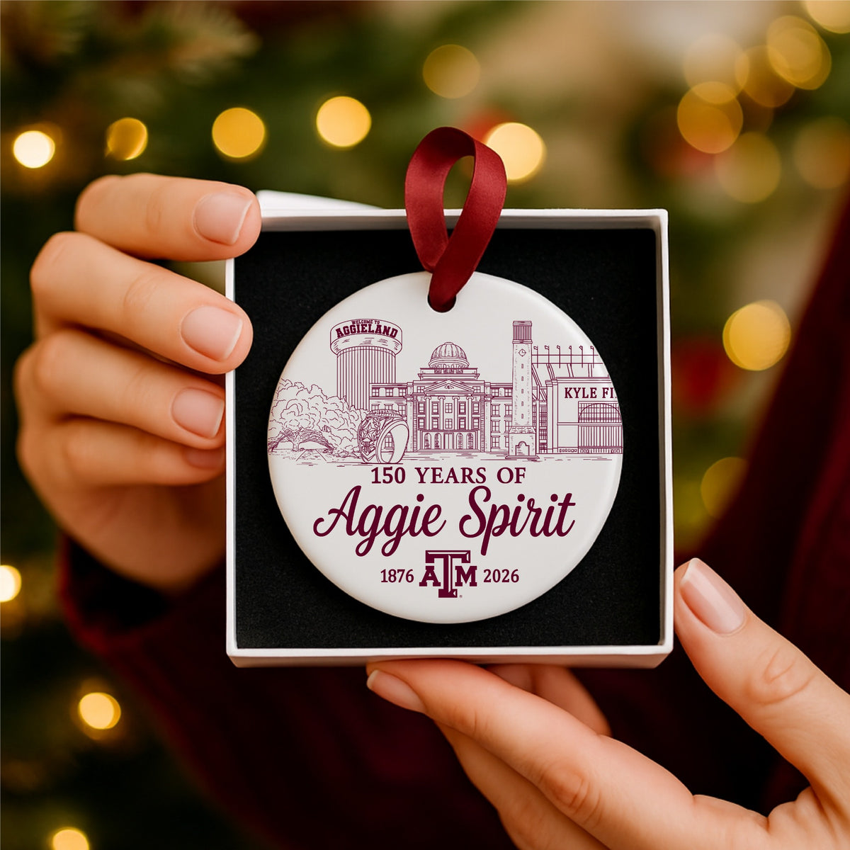 Texas A&M 150 Years of Aggie Spirit ornament with Designed with Heart graphic