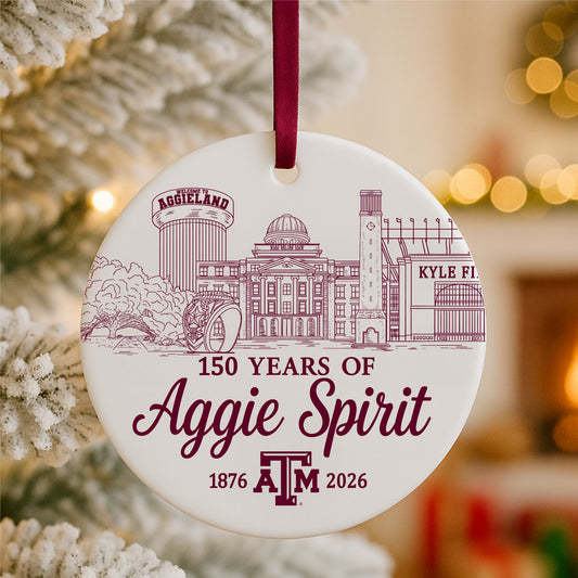 Texas A&M 150 Years of Aggie Spirit ornament in snowy outdoor Christmas setting