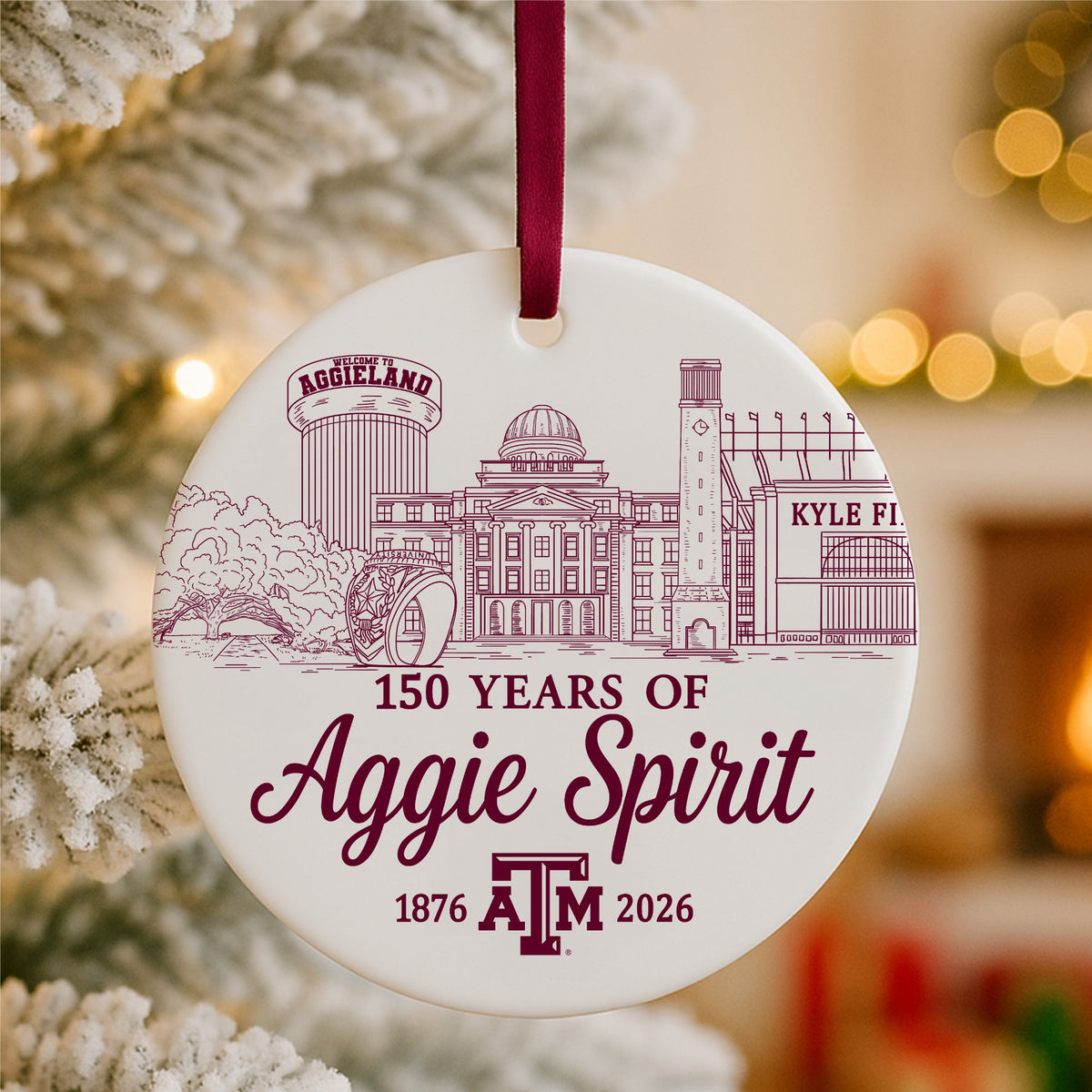 Texas A&M 150 Years of Aggie Spirit ornament in snowy outdoor Christmas setting