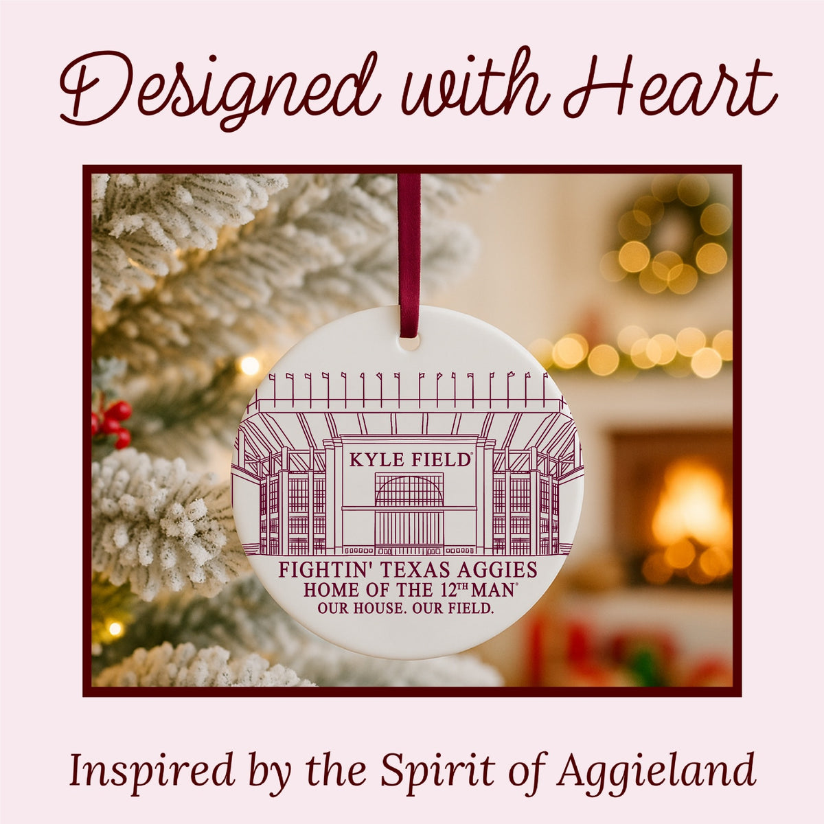 Texas A&M Kyle Field ceramic ornament hanging on a Christmas tree