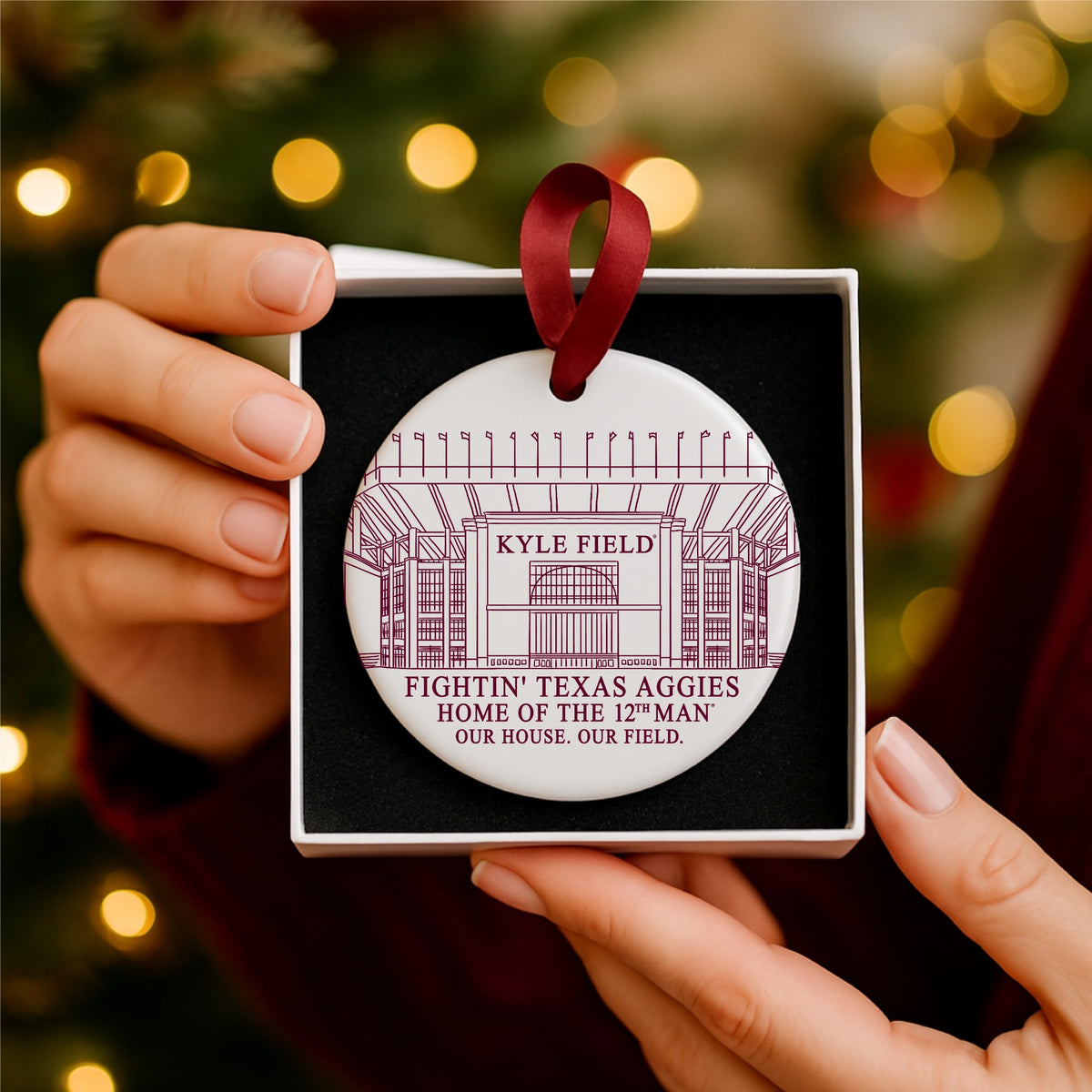 Close-up Texas A&M Kyle Field ceramic ornament on white background
