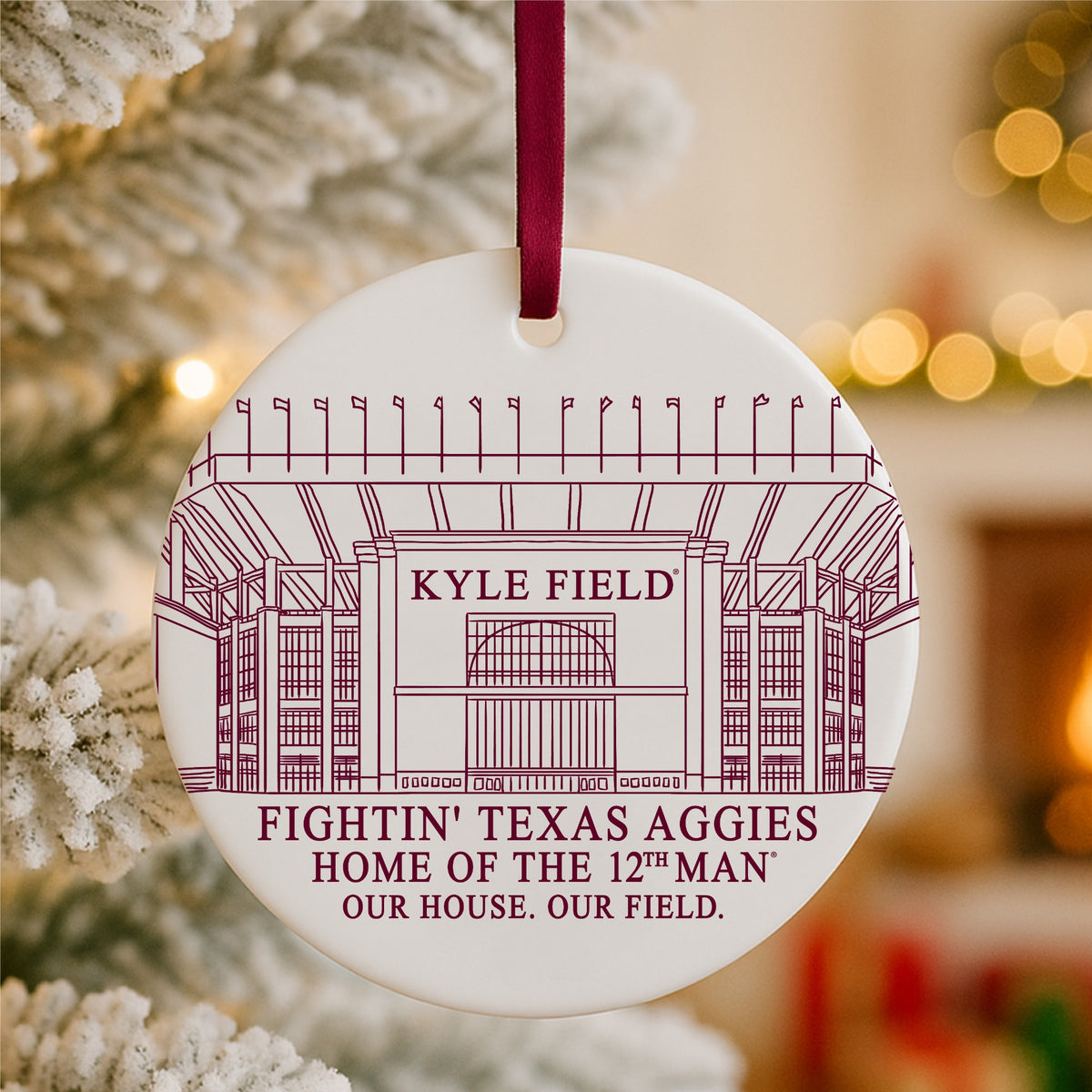 Texas A&M Kyle Field ornament with Designed with Heart graphic