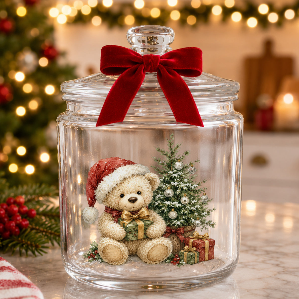 Christmas teddy bear UV DTF sticker applied to a clear glass jar