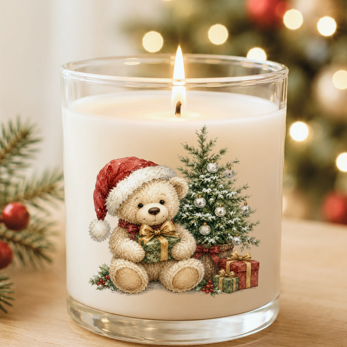 Christmas teddy bear UV DTF sticker applied to a white candle