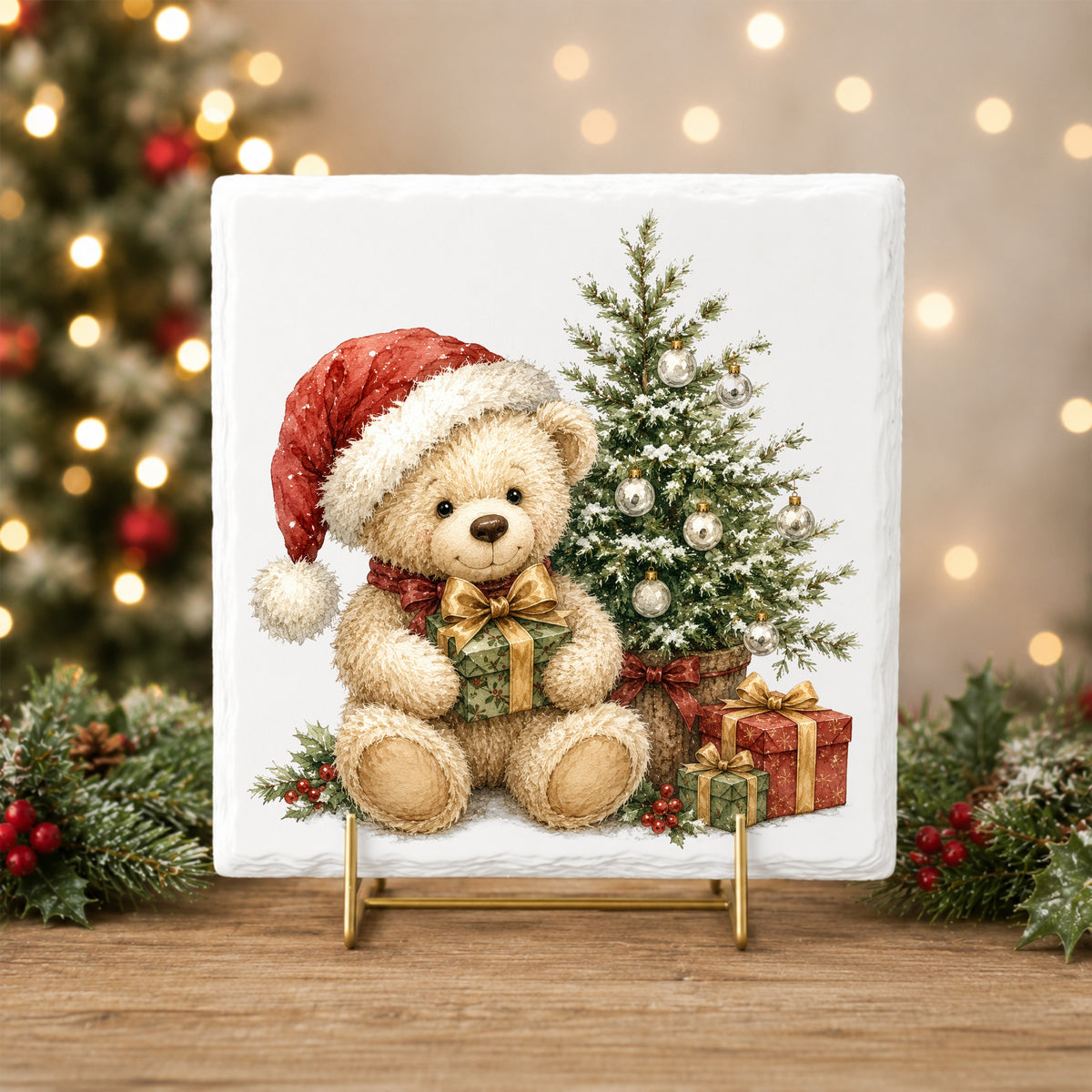Christmas teddy bear UV DTF sticker applied to a white tile