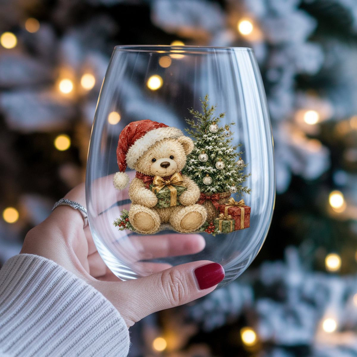 Christmas teddy bear UV DTF sticker applied to a wine glass