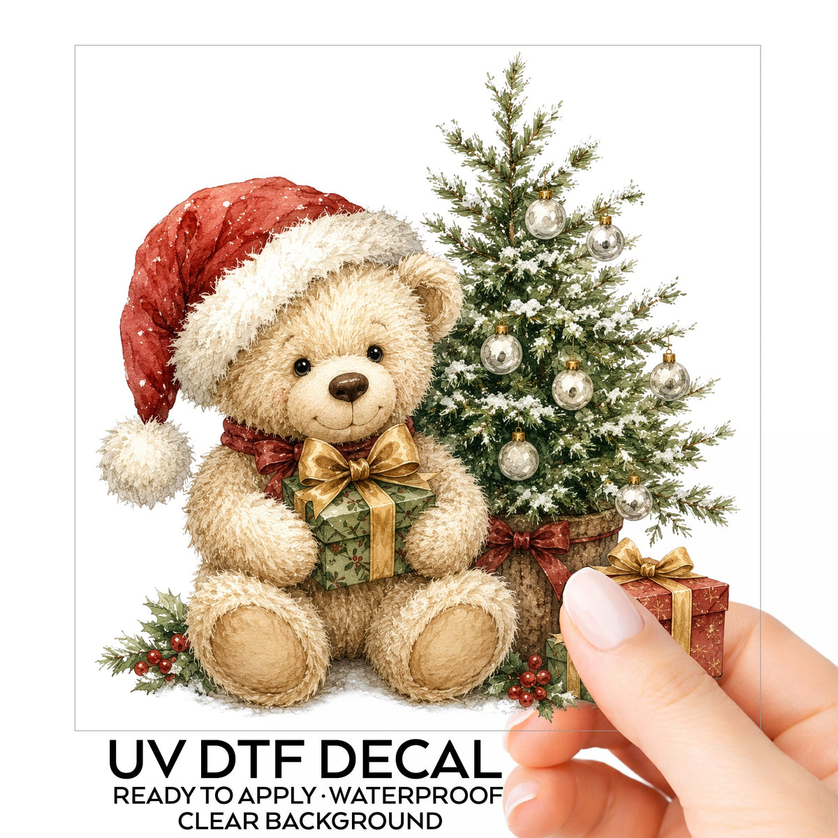 Christmas teddy bear UV DTF sticker shown as a hand-held transfer