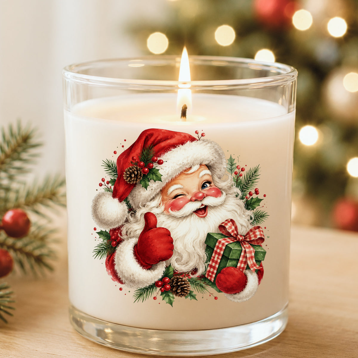 Winking Santa Claus With Gift UV DTF sticker applied to a white candle in a glass holder near Christmas lights