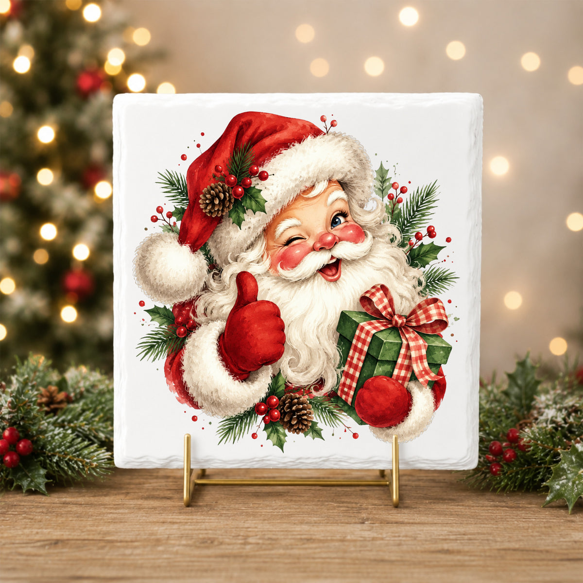 Winking Santa Claus With Gift UV DTF sticker applied to a white tile on a gold stand