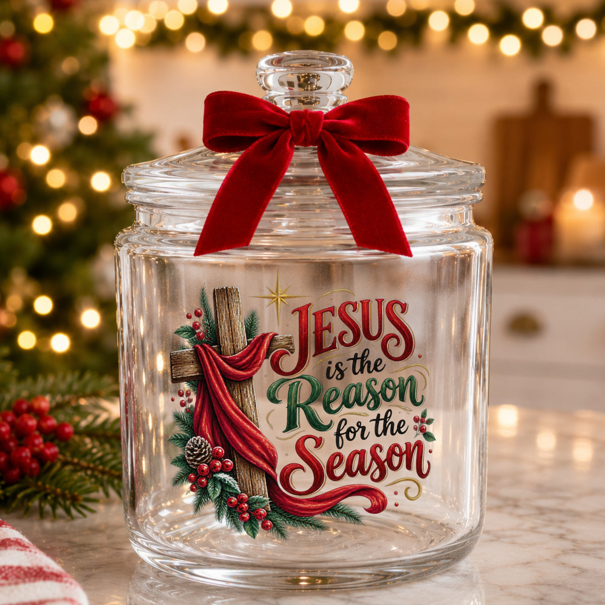 Jesus Is The Reason For The Season Cross UV DTF sticker applied to a glass candy jar tied with a red bow