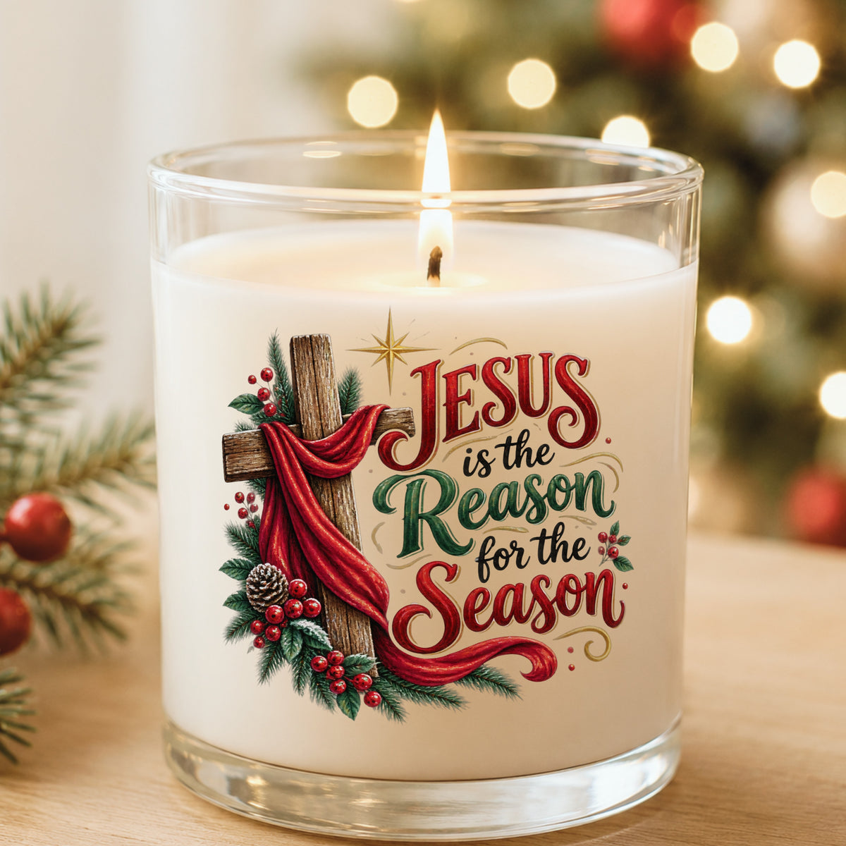 Jesus Is The Reason For The Season Cross UV DTF sticker applied to a white candle in a glass holder near Christmas lights