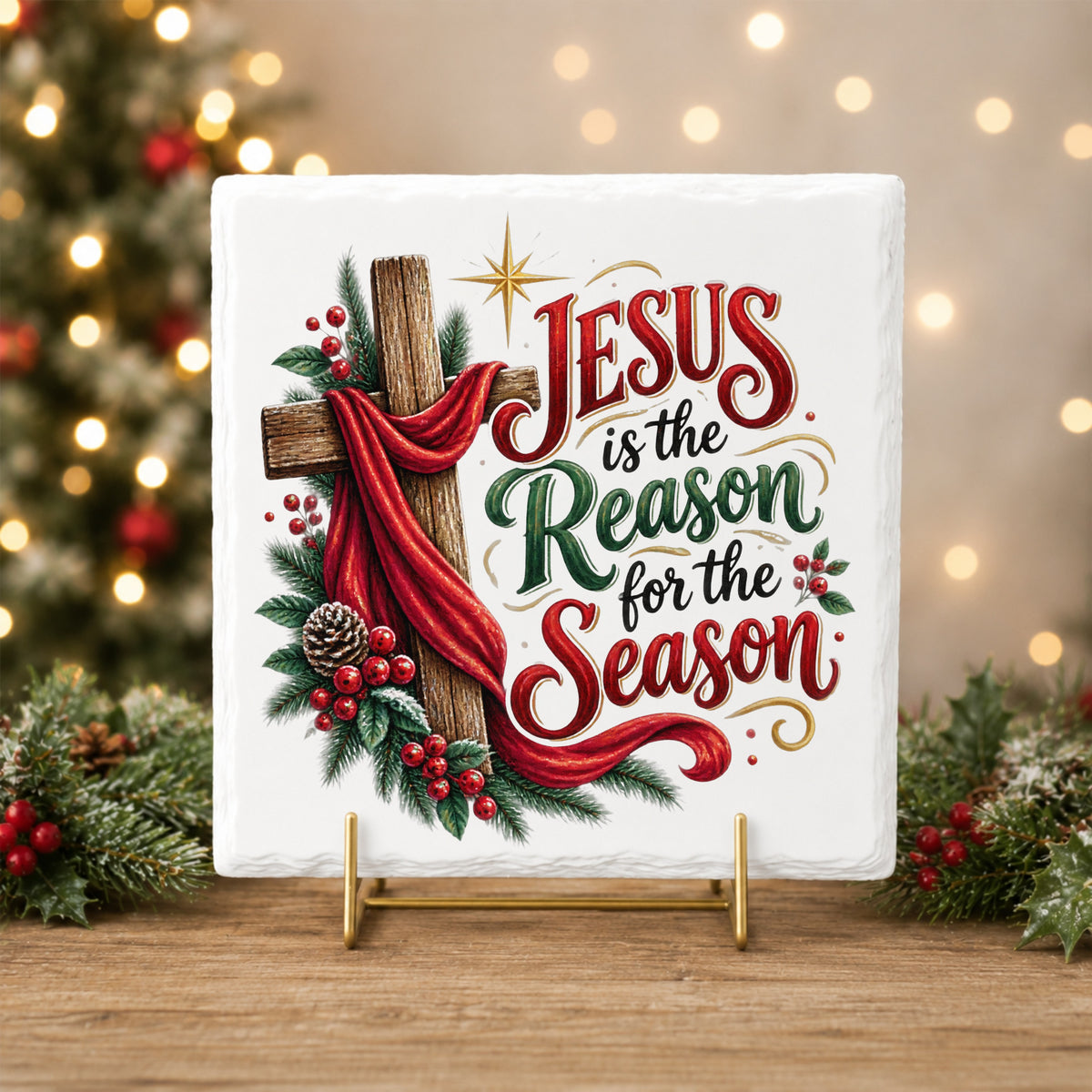 Jesus Is The Reason For The Season Cross UV DTF sticker applied to a white tile on a gold stand