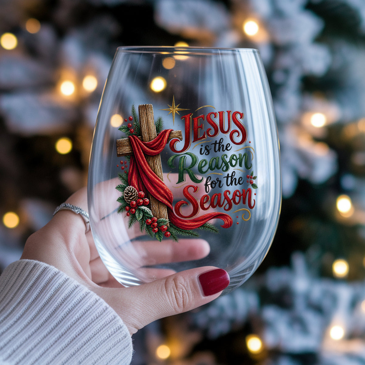 Jesus Is The Reason For The Season Cross UV DTF sticker applied to a stemless wine glass held in hand