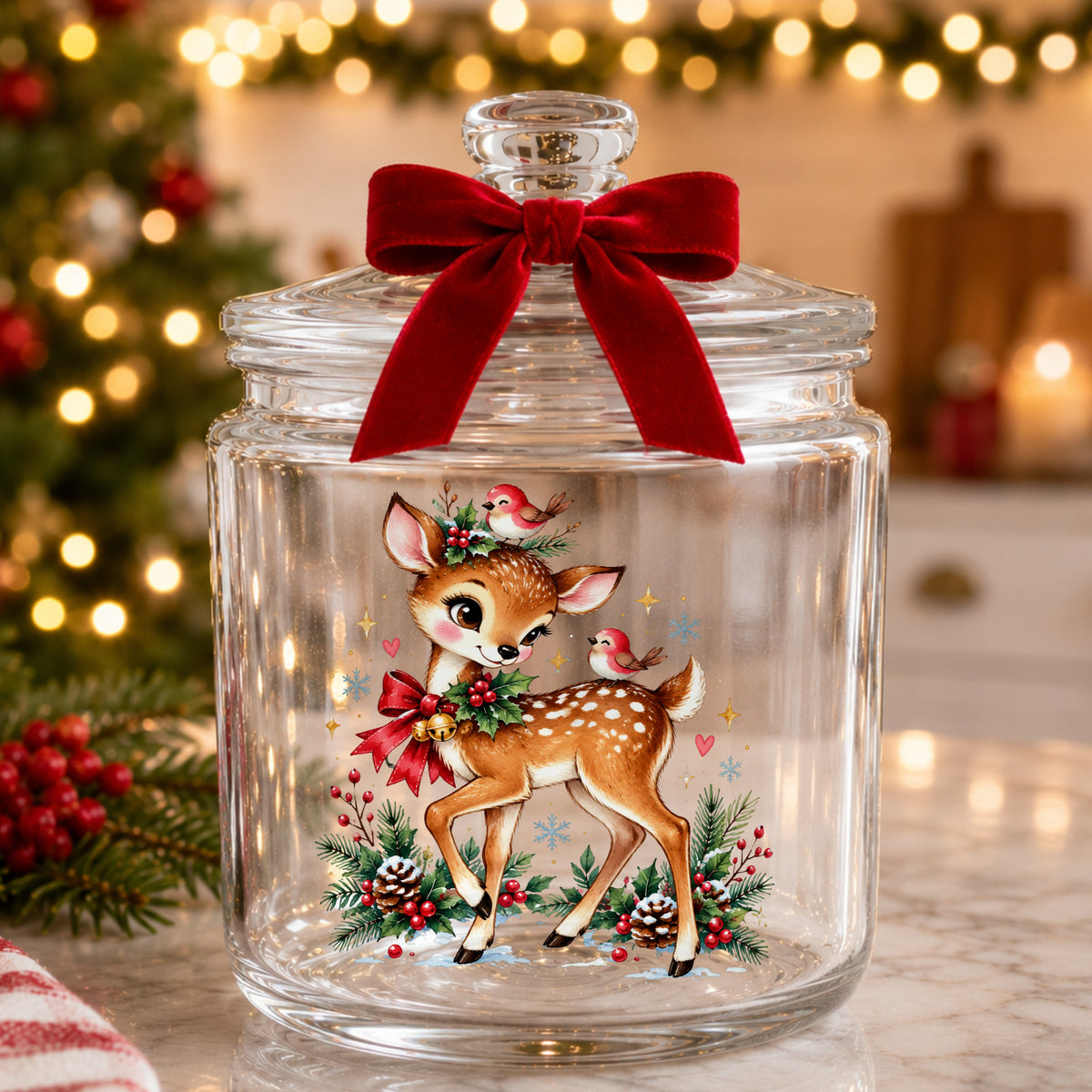Christmas Deer With Red Cardinals UV DTF sticker applied to a glass candy jar tied with a red bow