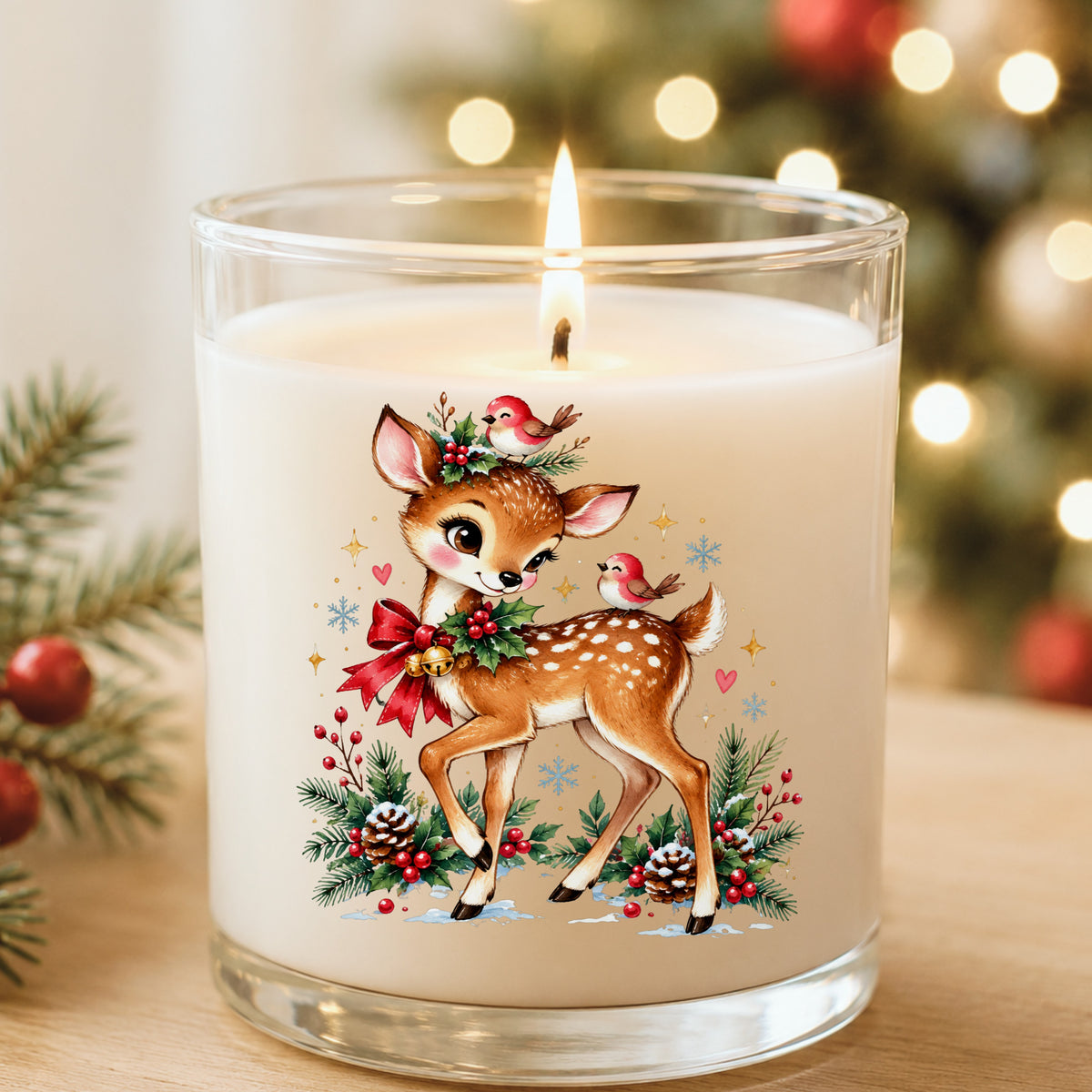Christmas Deer With Red Cardinals UV DTF sticker applied to a white candle in a glass holder near Christmas lights