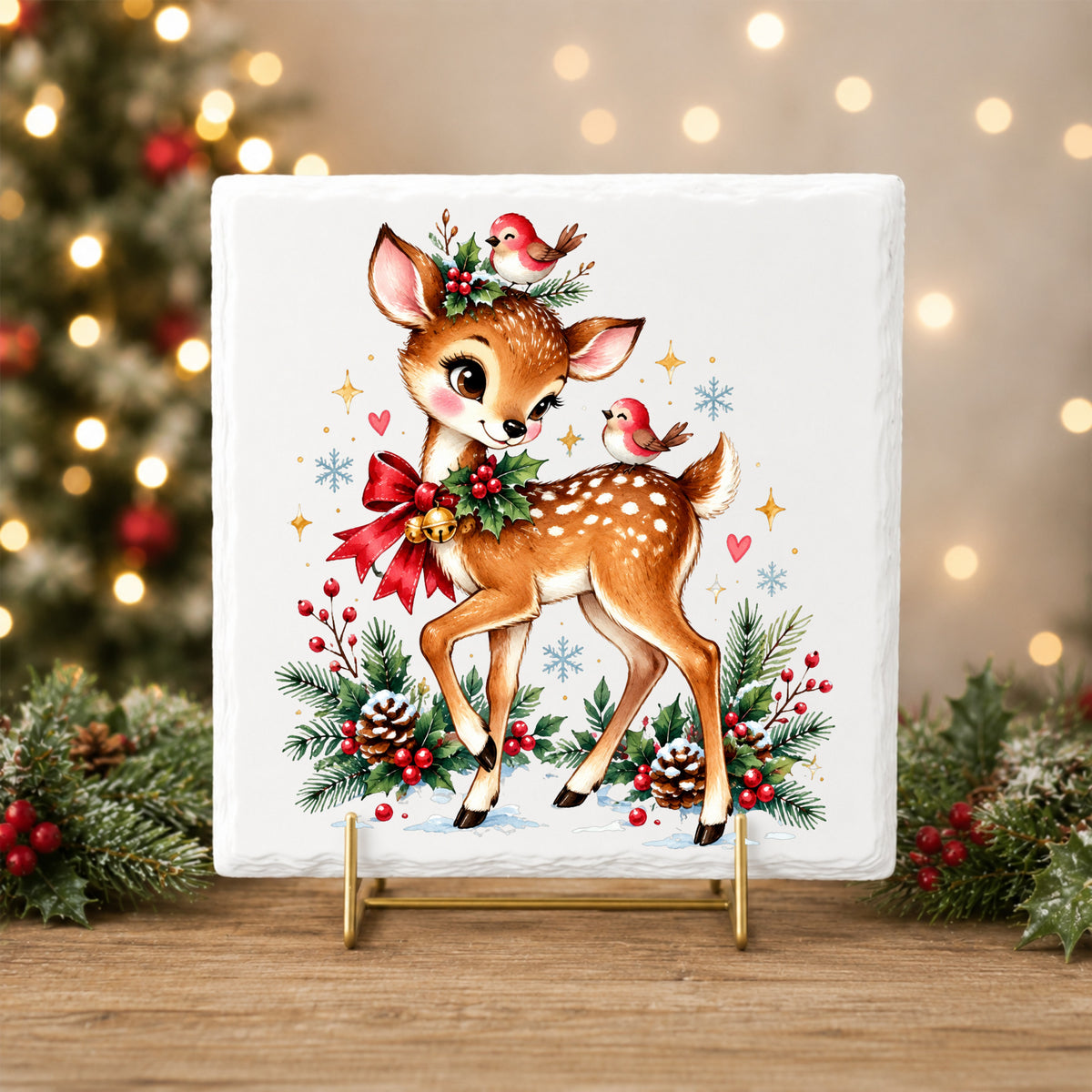 Christmas Deer With Red Cardinals UV DTF sticker applied to a white tile on a gold stand