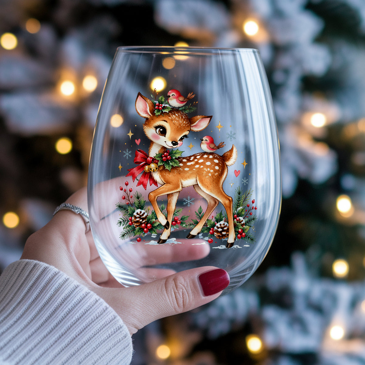 Christmas Deer With Red Cardinals UV DTF sticker applied to a stemless wine glass held in hand