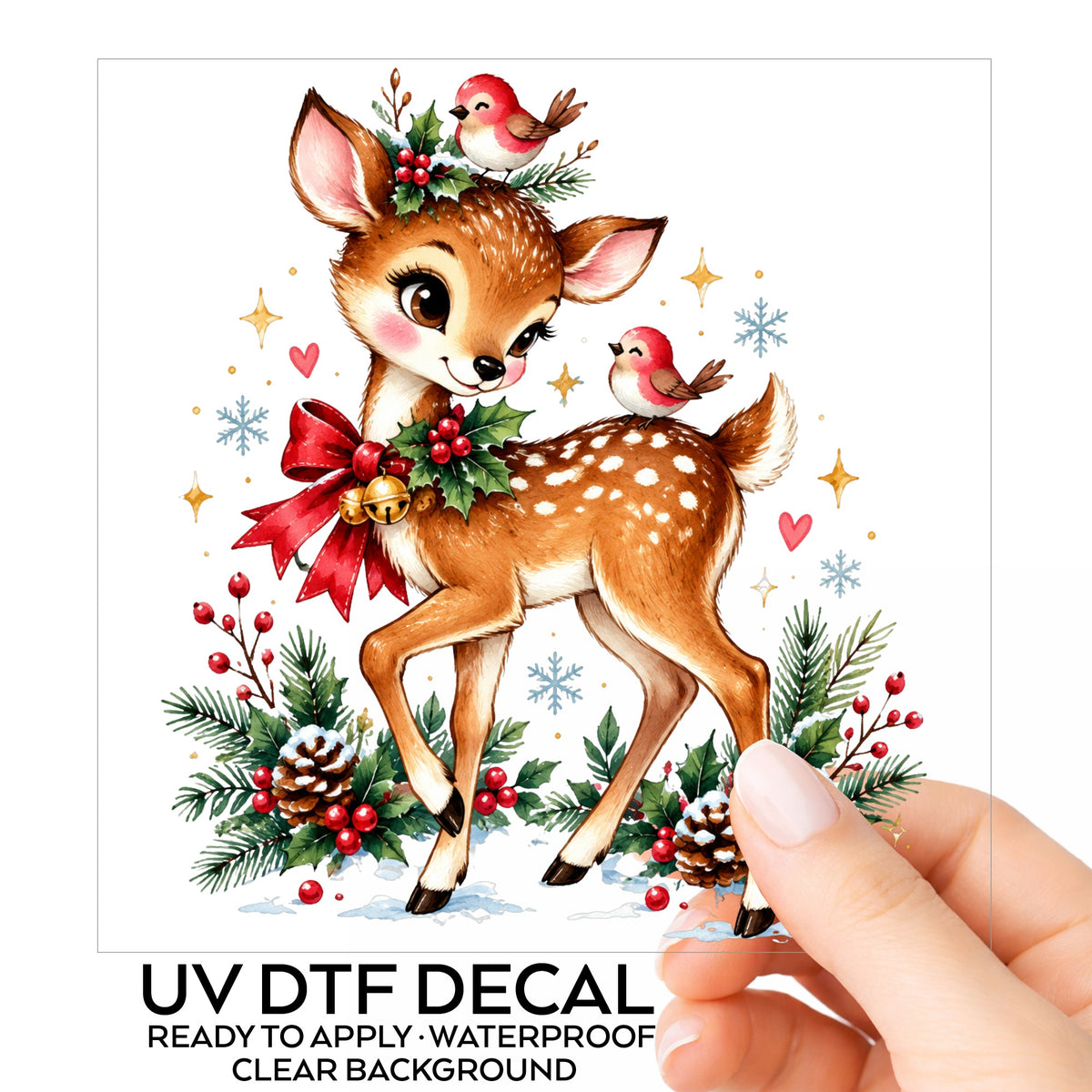 Christmas Deer With Red Cardinals UV DTF sticker on its backing card, held in hand