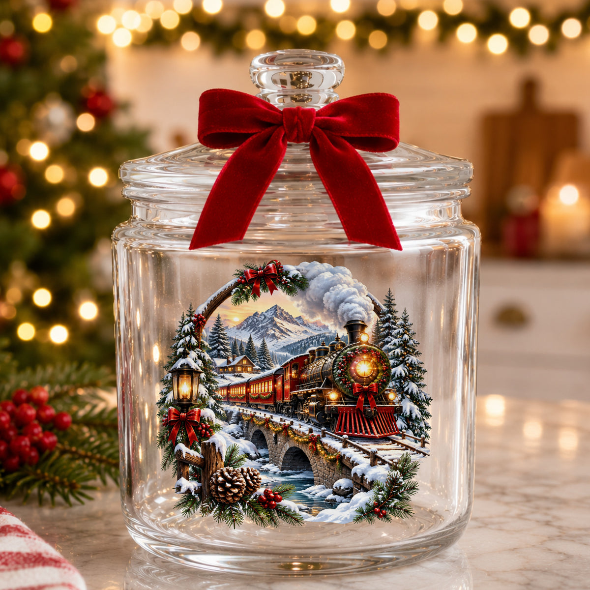 Christmas Train In Snowy Mountains UV DTF sticker applied to a glass candy jar tied with a red bow