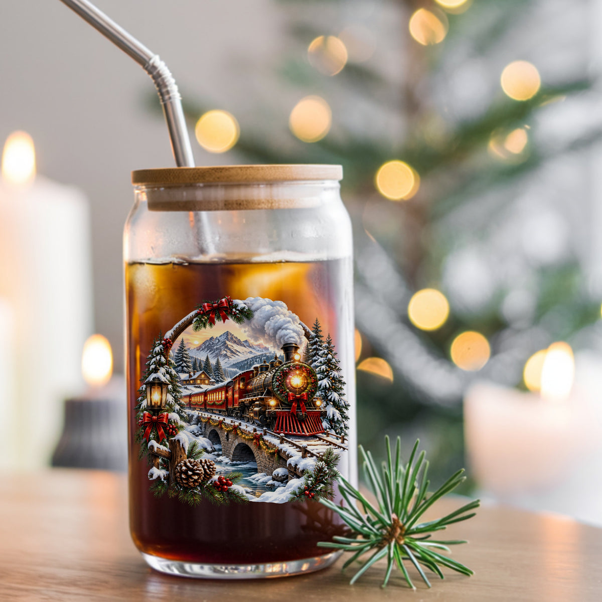Christmas Train In Snowy Mountains UV DTF sticker applied to a glass can cup of iced coffee with a straw