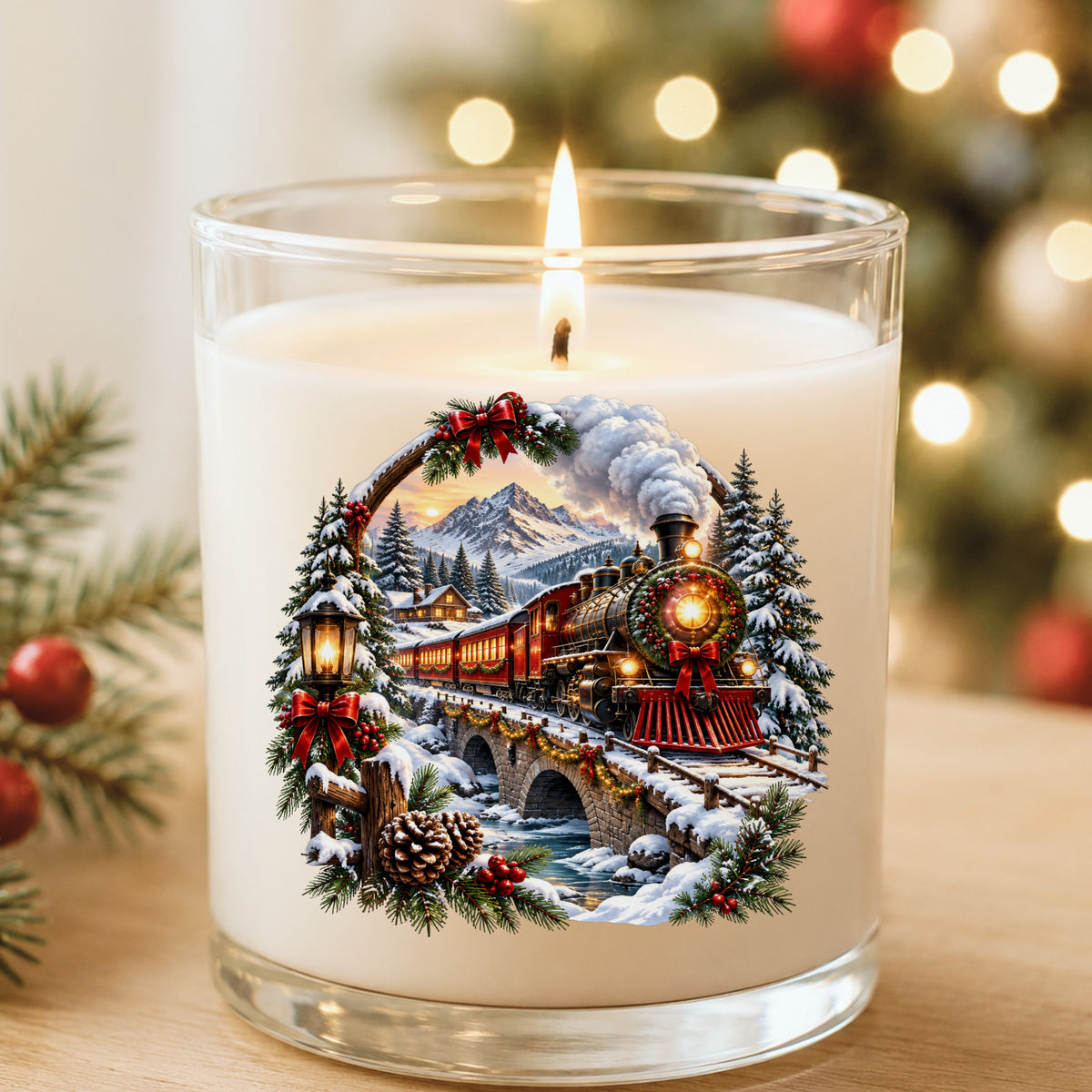 Christmas Train In Snowy Mountains UV DTF sticker applied to a white candle in a glass holder near Christmas lights
