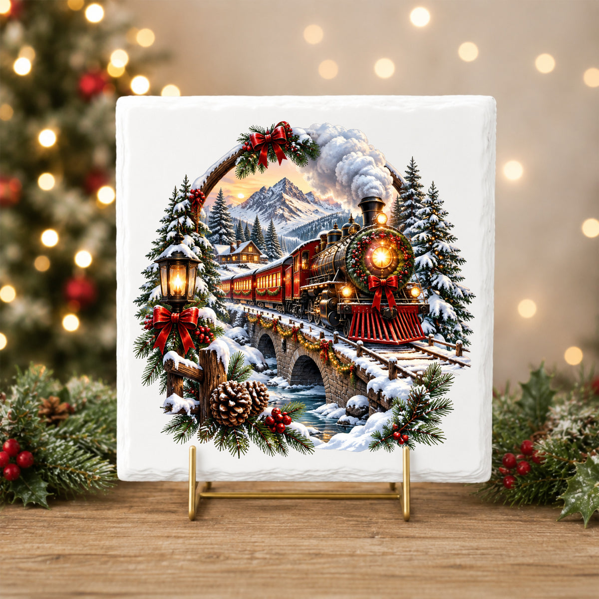 Christmas Train In Snowy Mountains UV DTF sticker applied to a white tile on a gold stand