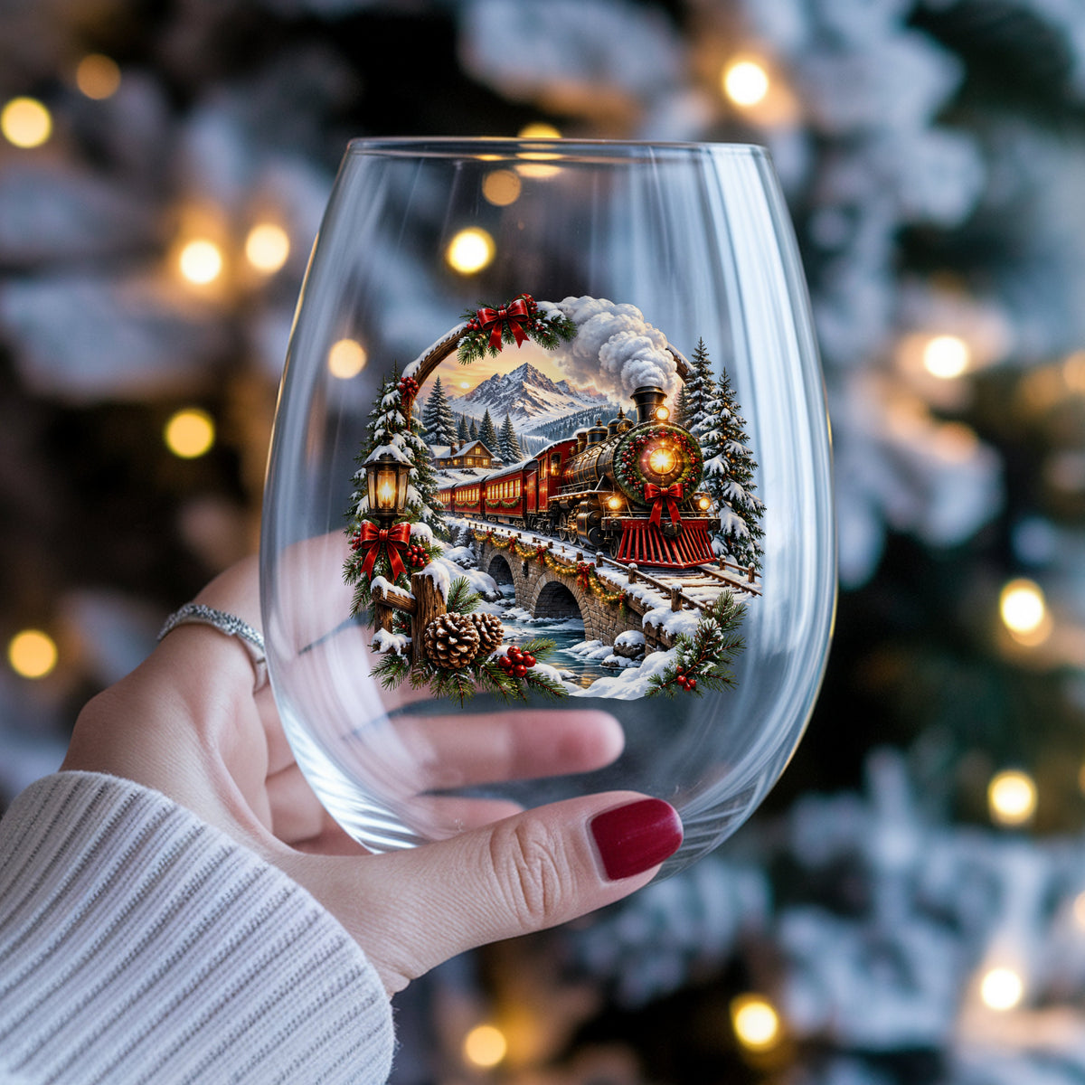 Christmas Train In Snowy Mountains UV DTF sticker applied to a stemless wine glass held in hand