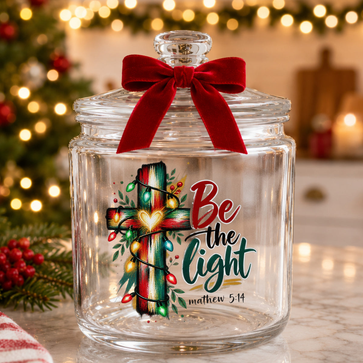 Be The Light Cross With Christmas Lights UV DTF sticker applied to a glass candy jar tied with a red bow