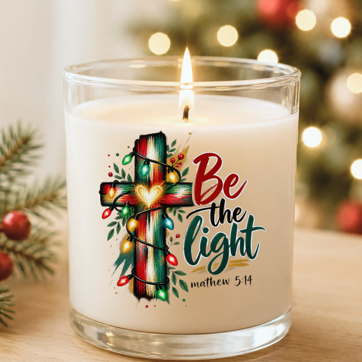 Be The Light Cross With Christmas Lights UV DTF sticker applied to a white candle in a glass holder near Christmas lights