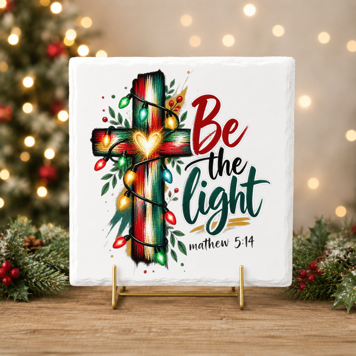 Be The Light Cross With Christmas Lights UV DTF sticker applied to a white tile on a gold stand