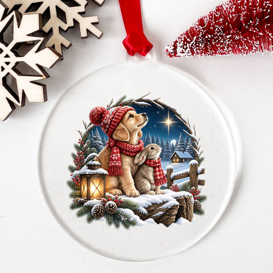 Christmas Puppy And Bunny In Snow UV DTF sticker applied to a clear round acrylic ornament with a red ribbon