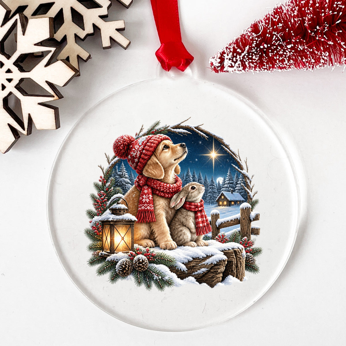 Christmas Puppy And Bunny In Snow UV DTF sticker applied to a clear round acrylic ornament with a red ribbon