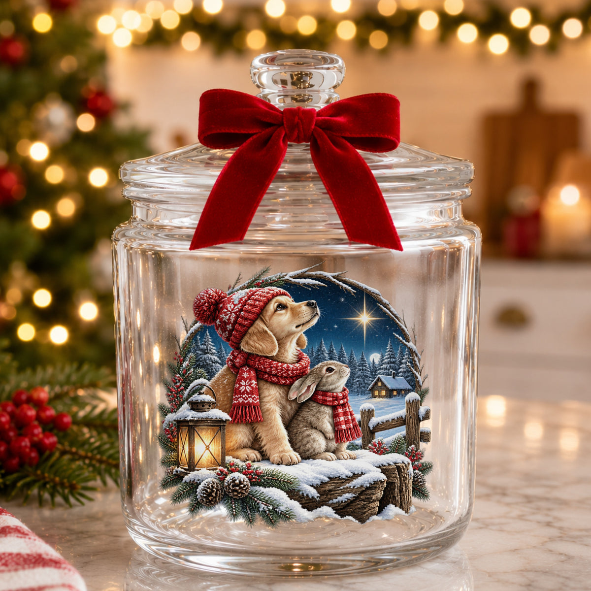 Christmas Puppy And Bunny In Snow UV DTF sticker applied to a glass candy jar tied with a red bow