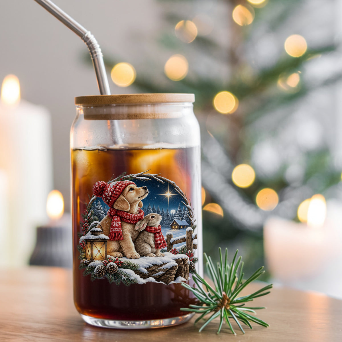 Christmas Puppy And Bunny In Snow UV DTF sticker applied to a glass can cup of iced coffee with a straw