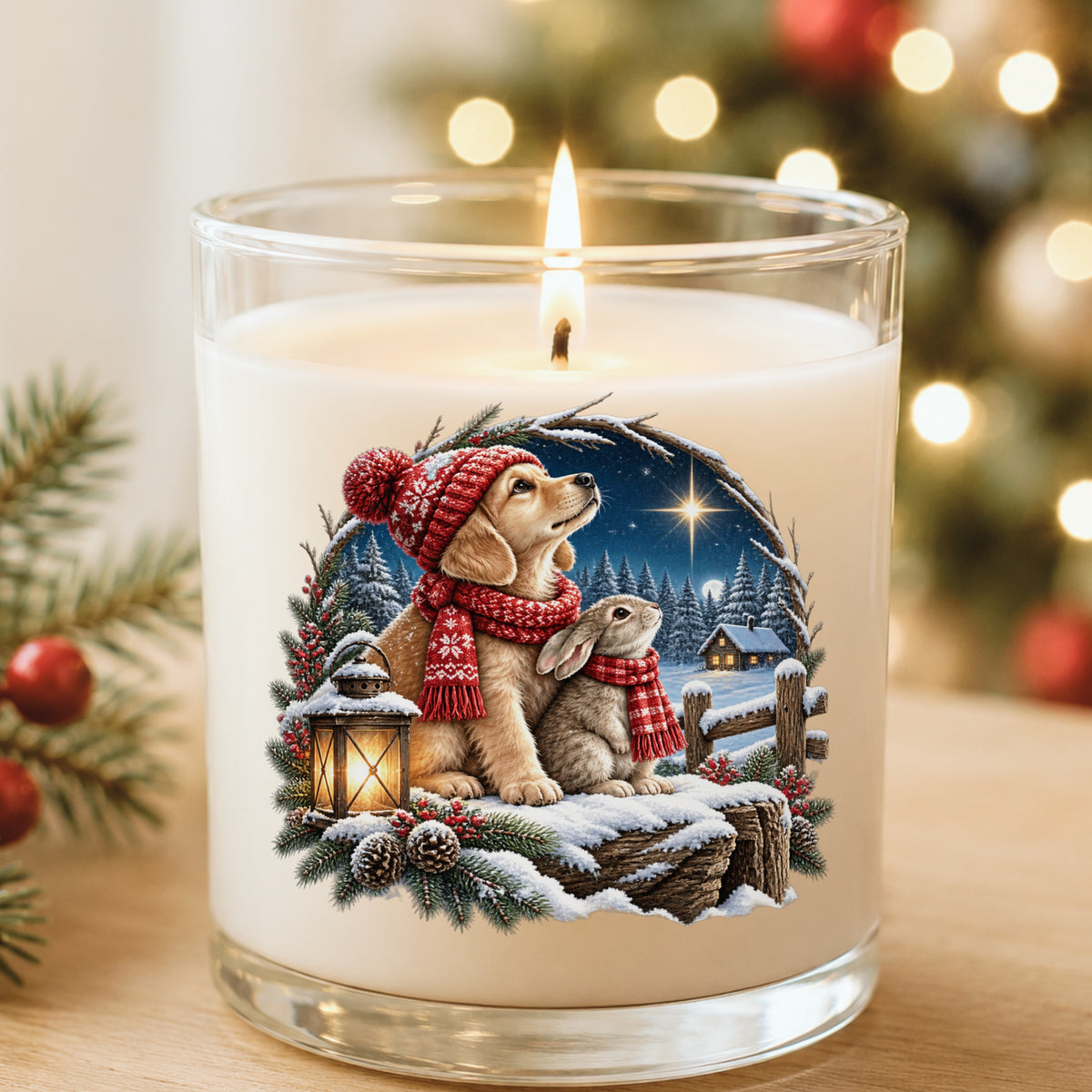 Christmas Puppy And Bunny In Snow UV DTF sticker applied to a white candle in a glass holder near Christmas lights