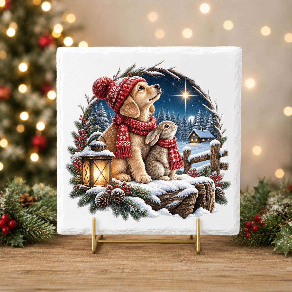 Christmas Puppy And Bunny In Snow UV DTF sticker applied to a white tile on a gold stand