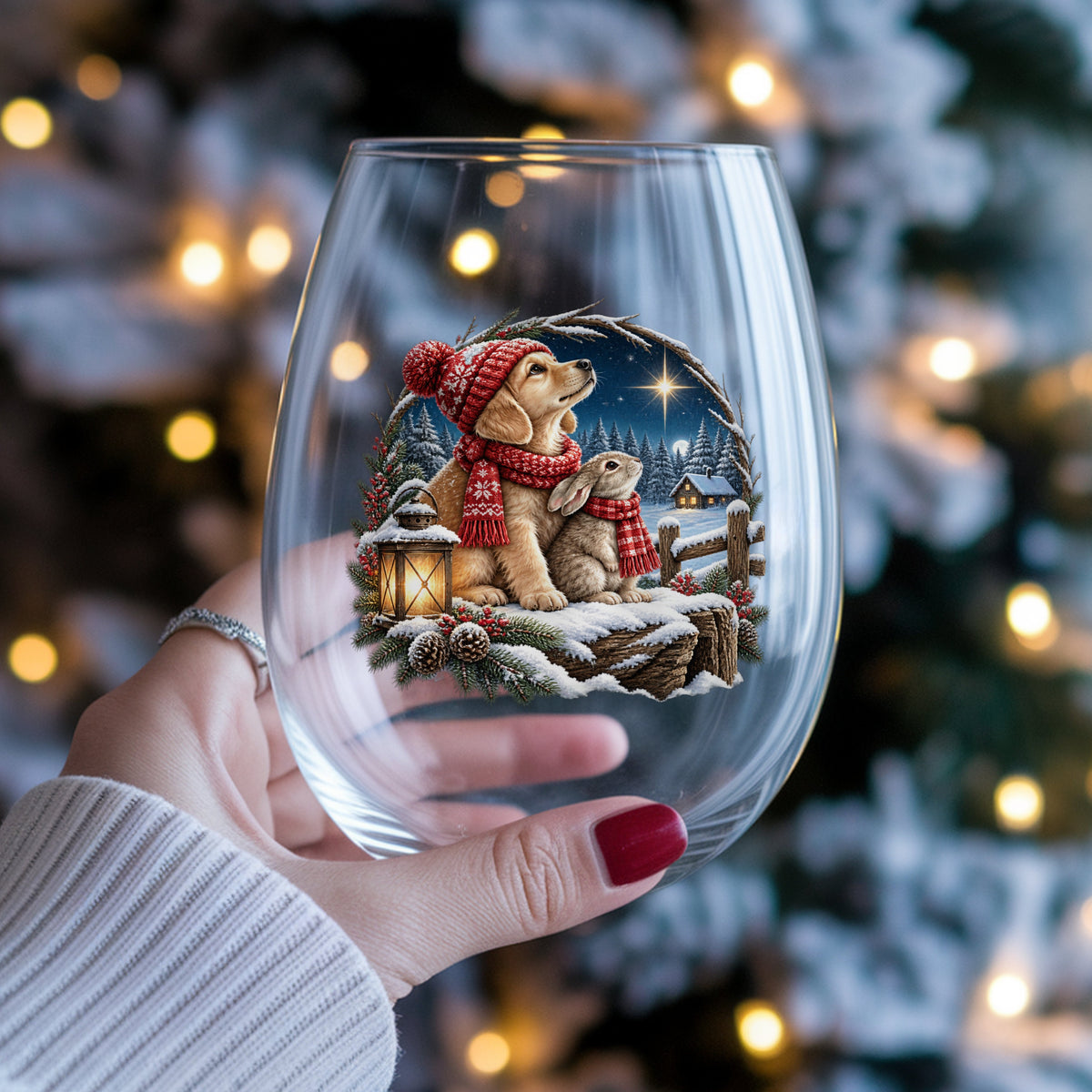 Christmas Puppy And Bunny In Snow UV DTF sticker applied to a stemless wine glass held in hand