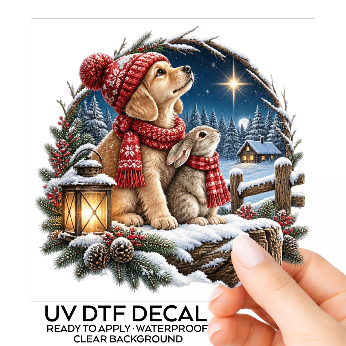 Christmas Puppy And Bunny In Snow UV DTF sticker on its backing card, held in hand