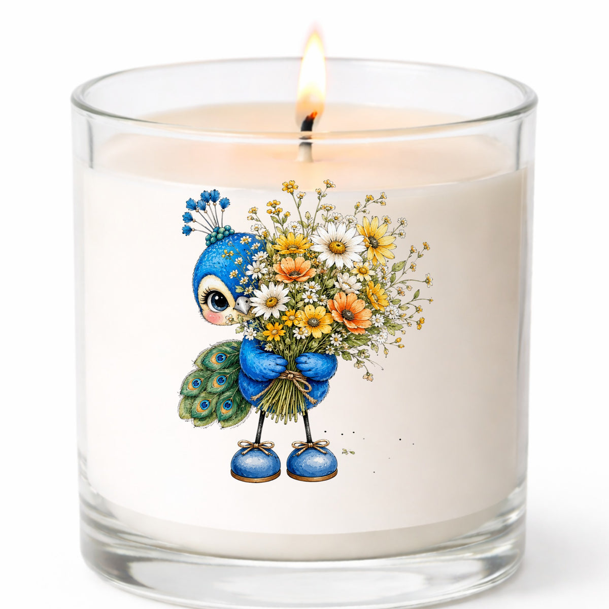Peacock Holding Wildflower Bouquet UV DTF sticker applied to a white candle in a clear glass jar