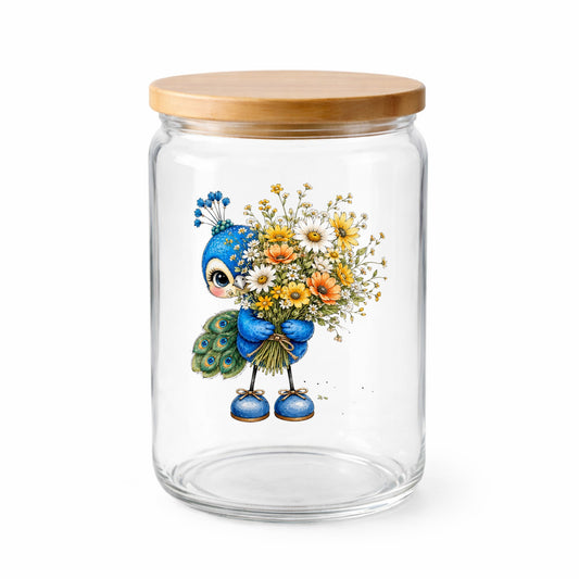 Peacock Holding Wildflower Bouquet UV DTF sticker applied to a clear glass jar with a wooden lid