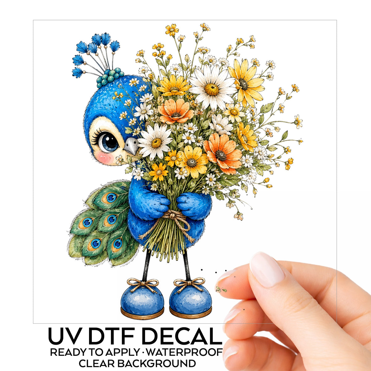 Peacock Holding Wildflower Bouquet UV DTF sticker on its backing card, held in hand