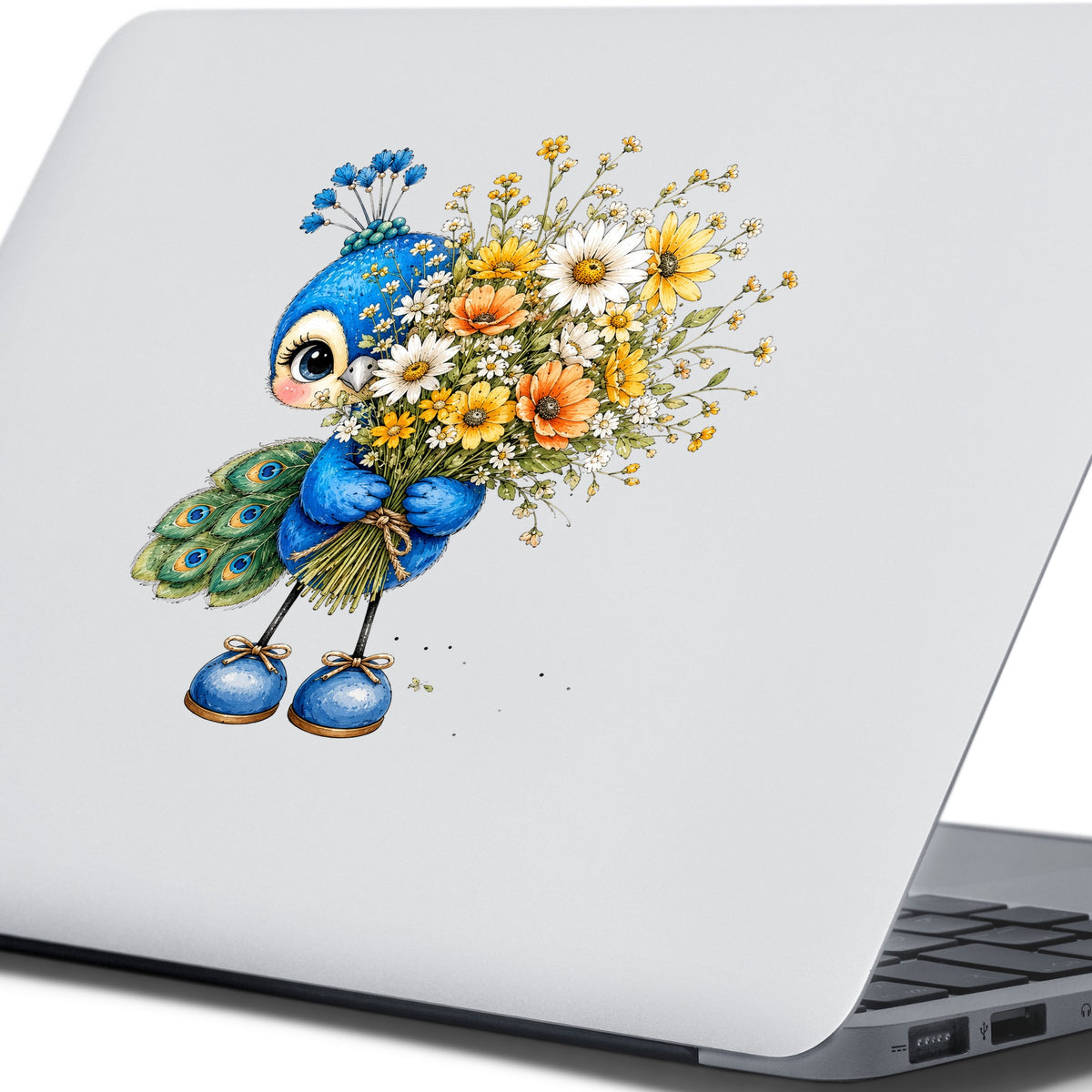 Peacock Holding Wildflower Bouquet UV DTF sticker applied to the lid of a silver laptop