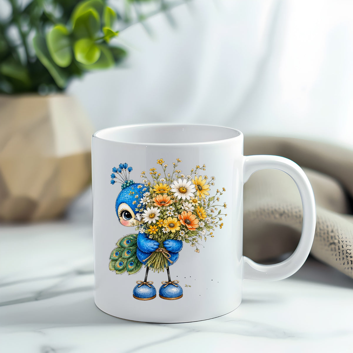 Peacock Holding Wildflower Bouquet UV DTF sticker applied to a white coffee mug